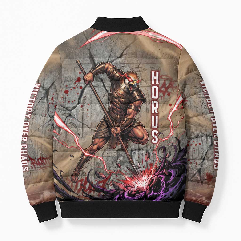 Horus Behdety Warrior Bomber Puffer Jacket with Falcon Mask and Spear Ancient Egyptian Combat