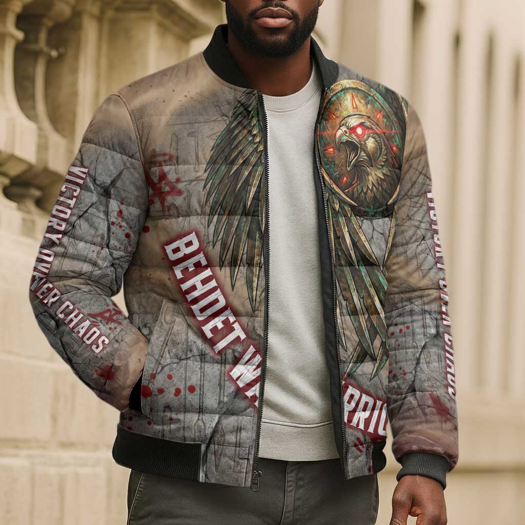 Horus Behdety Warrior Bomber Puffer Jacket with Falcon Mask and Spear Ancient Egyptian Combat