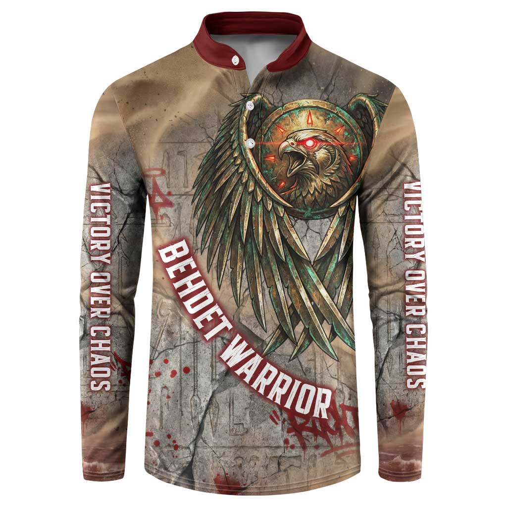 Horus Behdety Warrior Button Sweatshirt with Falcon Mask and Spear Ancient Egyptian Combat