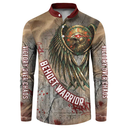 Horus Behdety Warrior Button Sweatshirt with Falcon Mask and Spear Ancient Egyptian Combat