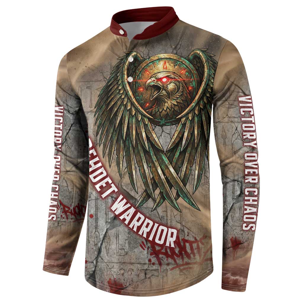 Horus Behdety Warrior Button Sweatshirt with Falcon Mask and Spear Ancient Egyptian Combat