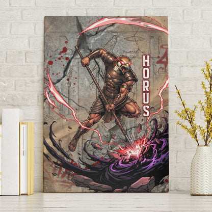 Horus Behdety Warrior Canvas Wall Art with Falcon Mask and Spear Ancient Egyptian Combat