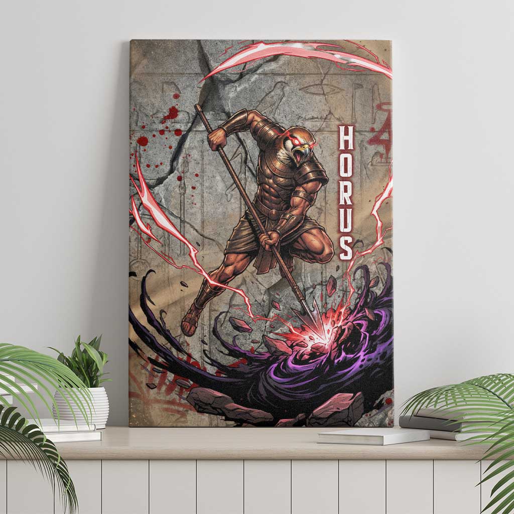 Horus Behdety Warrior Canvas Wall Art with Falcon Mask and Spear Ancient Egyptian Combat