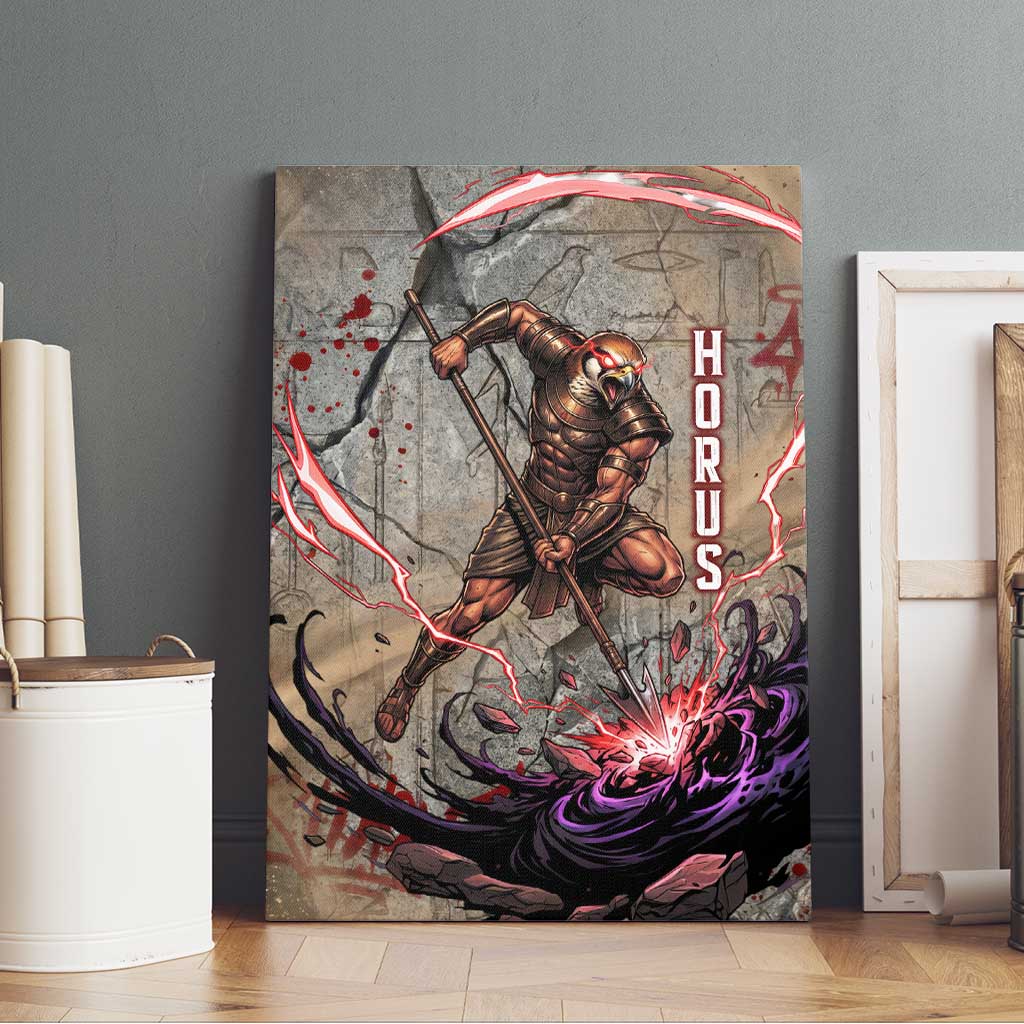 Horus Behdety Warrior Canvas Wall Art with Falcon Mask and Spear Ancient Egyptian Combat