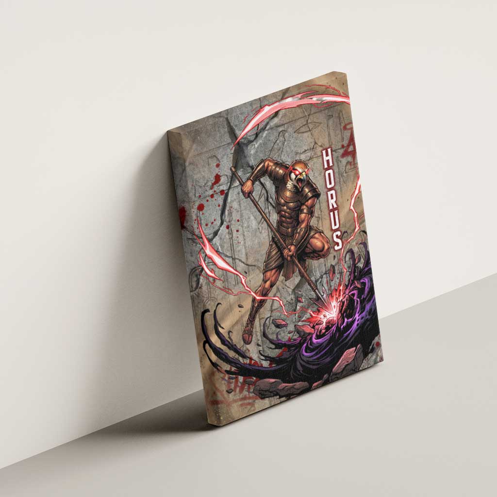 Horus Behdety Warrior Canvas Wall Art with Falcon Mask and Spear Ancient Egyptian Combat