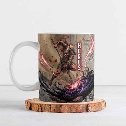 Horus Behdety Warrior Ceramic Mug with Falcon Mask and Spear Ancient Egyptian Combat