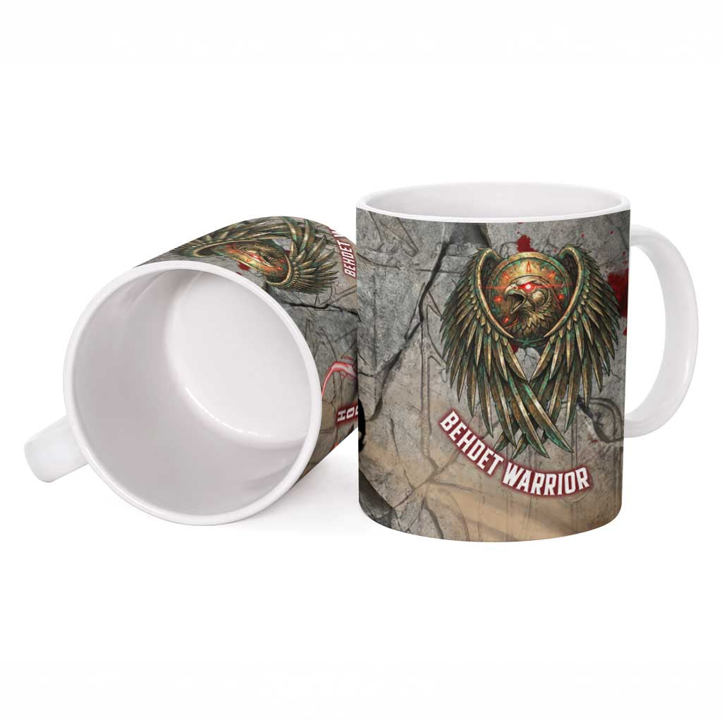 Horus Behdety Warrior Ceramic Mug with Falcon Mask and Spear Ancient Egyptian Combat