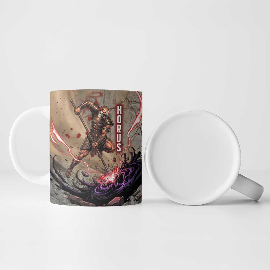 Horus Behdety Warrior Ceramic Mug with Falcon Mask and Spear Ancient Egyptian Combat