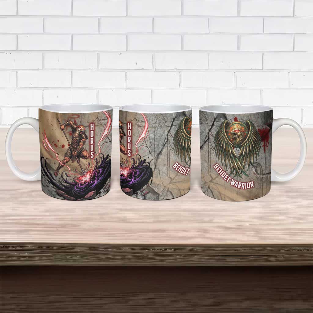 Horus Behdety Warrior Ceramic Mug with Falcon Mask and Spear Ancient Egyptian Combat