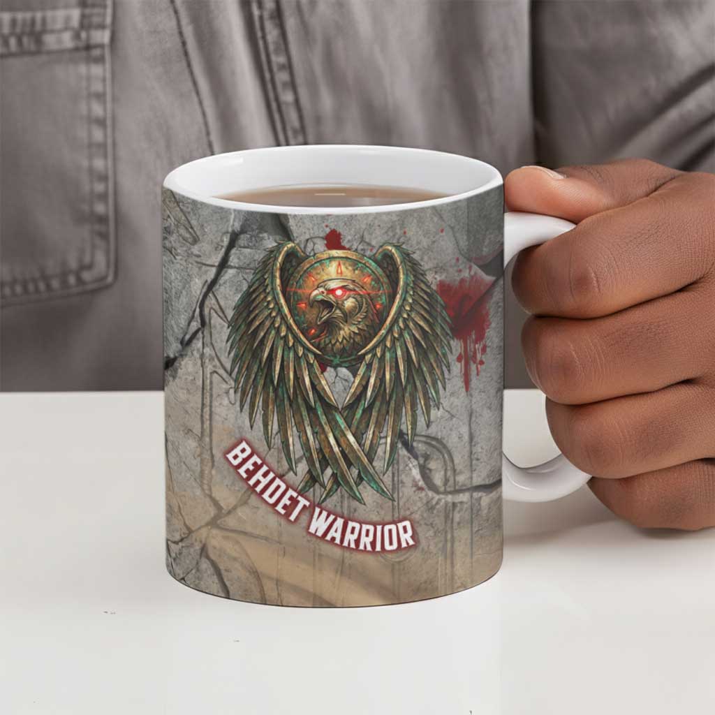 Horus Behdety Warrior Ceramic Mug with Falcon Mask and Spear Ancient Egyptian Combat