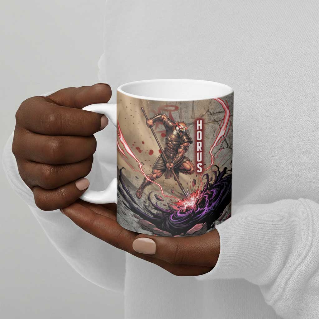 Horus Behdety Warrior Ceramic Mug with Falcon Mask and Spear Ancient Egyptian Combat