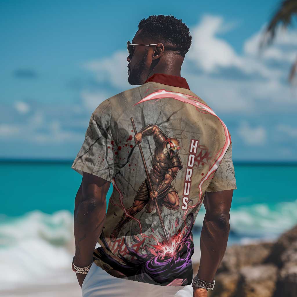 Horus Behdety Warrior Hawaiian Shirt with Falcon Mask and Spear Ancient Egyptian Combat