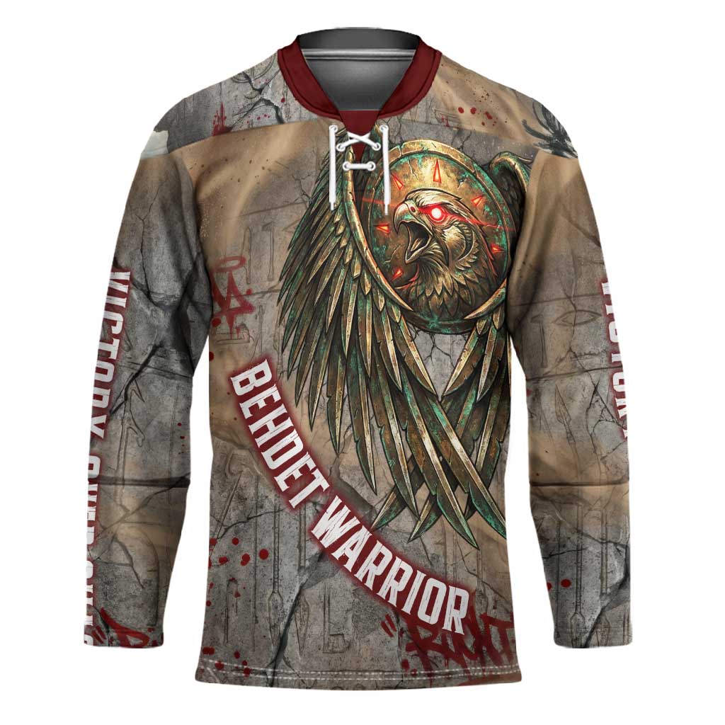 Horus Behdety Warrior Hockey Jersey with Falcon Mask and Spear Ancient Egyptian Combat