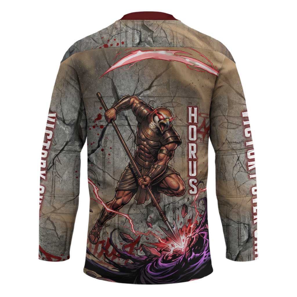 Horus Behdety Warrior Hockey Jersey with Falcon Mask and Spear Ancient Egyptian Combat