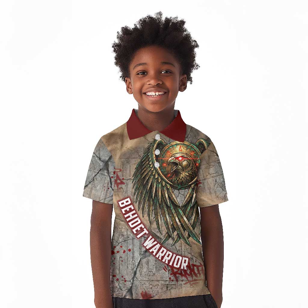 Horus Behdety Warrior Kid Polo Shirt with Falcon Mask and Spear Ancient Egyptian Combat