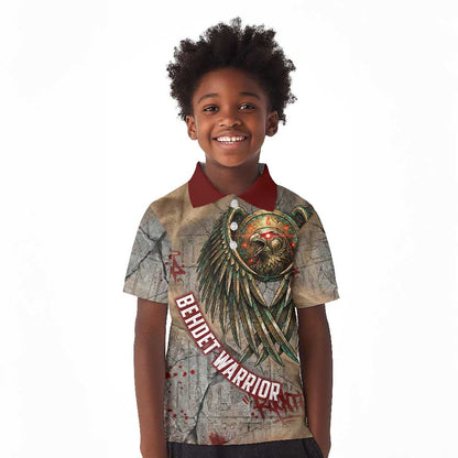 Horus Behdety Warrior Kid Polo Shirt with Falcon Mask and Spear Ancient Egyptian Combat