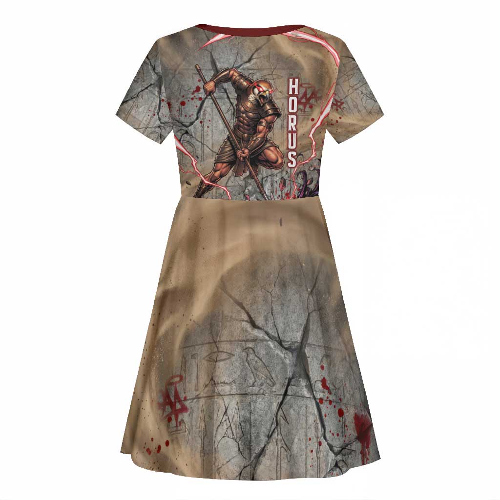 Horus Behdety Warrior Kid Short Sleeve Dress with Falcon Mask and Spear Ancient Egyptian Combat