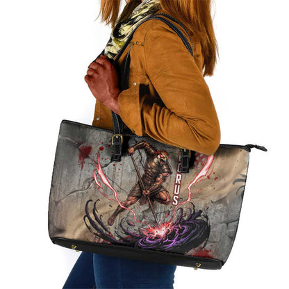 Horus Behdety Warrior Leather Tote Bag with Falcon Mask and Spear Ancient Egyptian Combat