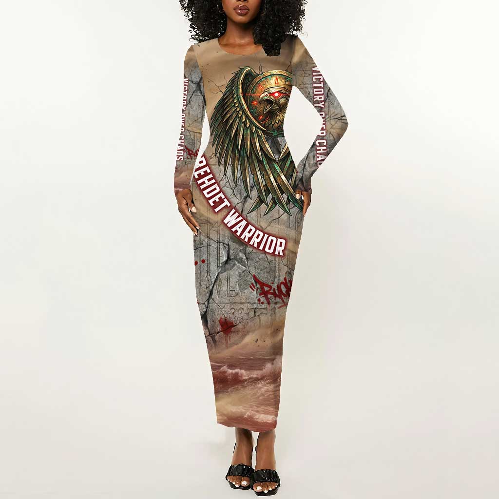 Horus Behdety Warrior Long Sleeve Bodycon Dress with Falcon Mask and Spear Ancient Egyptian Combat
