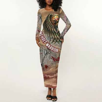 Horus Behdety Warrior Long Sleeve Bodycon Dress with Falcon Mask and Spear Ancient Egyptian Combat