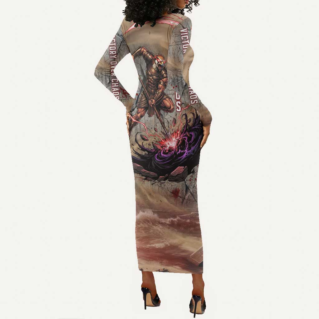 Horus Behdety Warrior Long Sleeve Bodycon Dress with Falcon Mask and Spear Ancient Egyptian Combat