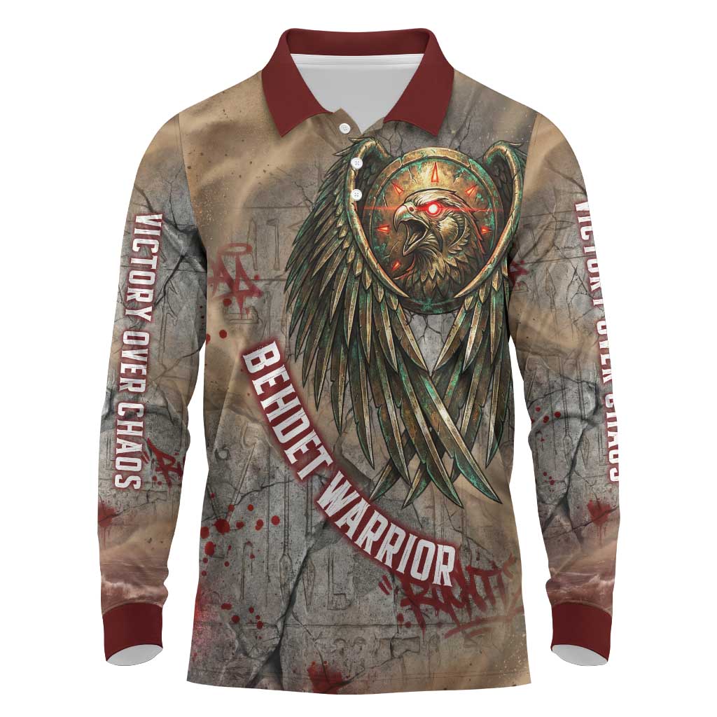 Horus Behdety Warrior Long Sleeve Polo Shirt with Falcon Mask and Spear Ancient Egyptian Combat