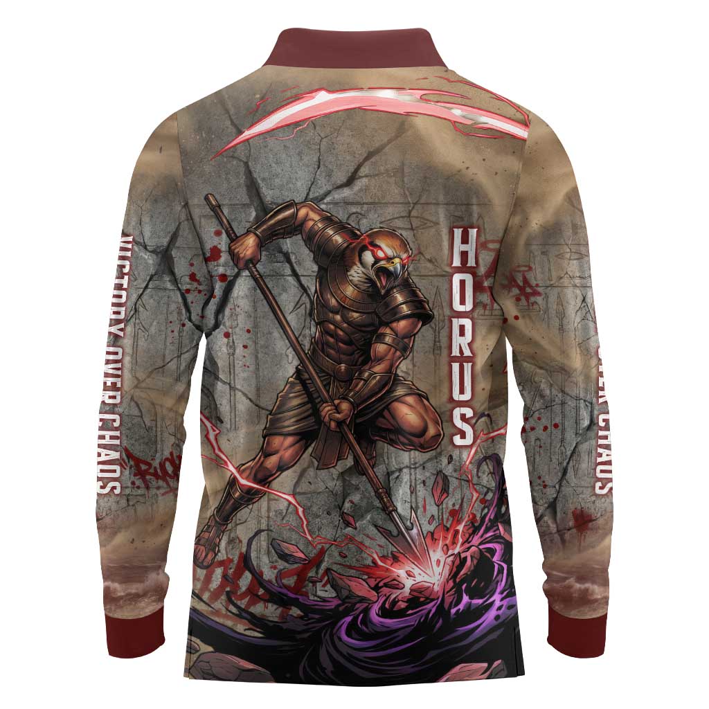 Horus Behdety Warrior Long Sleeve Polo Shirt with Falcon Mask and Spear Ancient Egyptian Combat