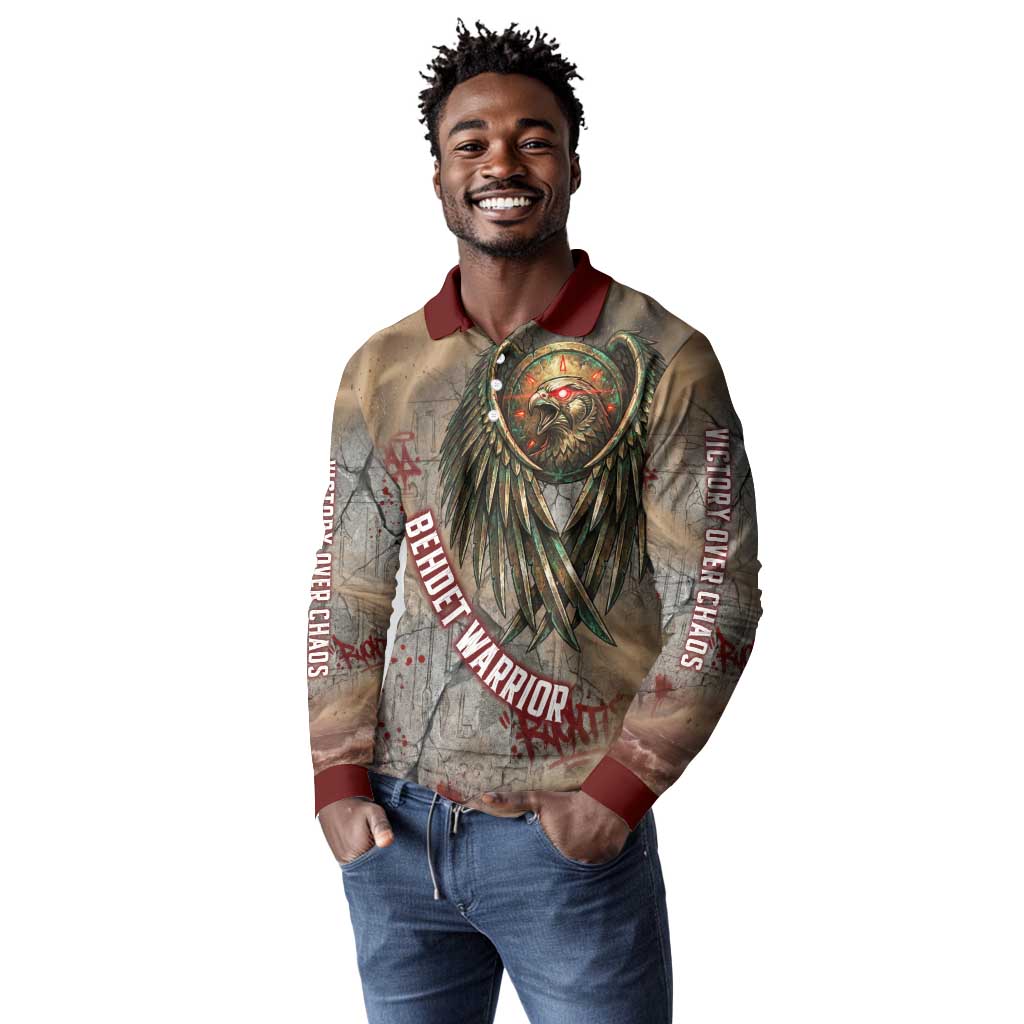 Horus Behdety Warrior Long Sleeve Polo Shirt with Falcon Mask and Spear Ancient Egyptian Combat