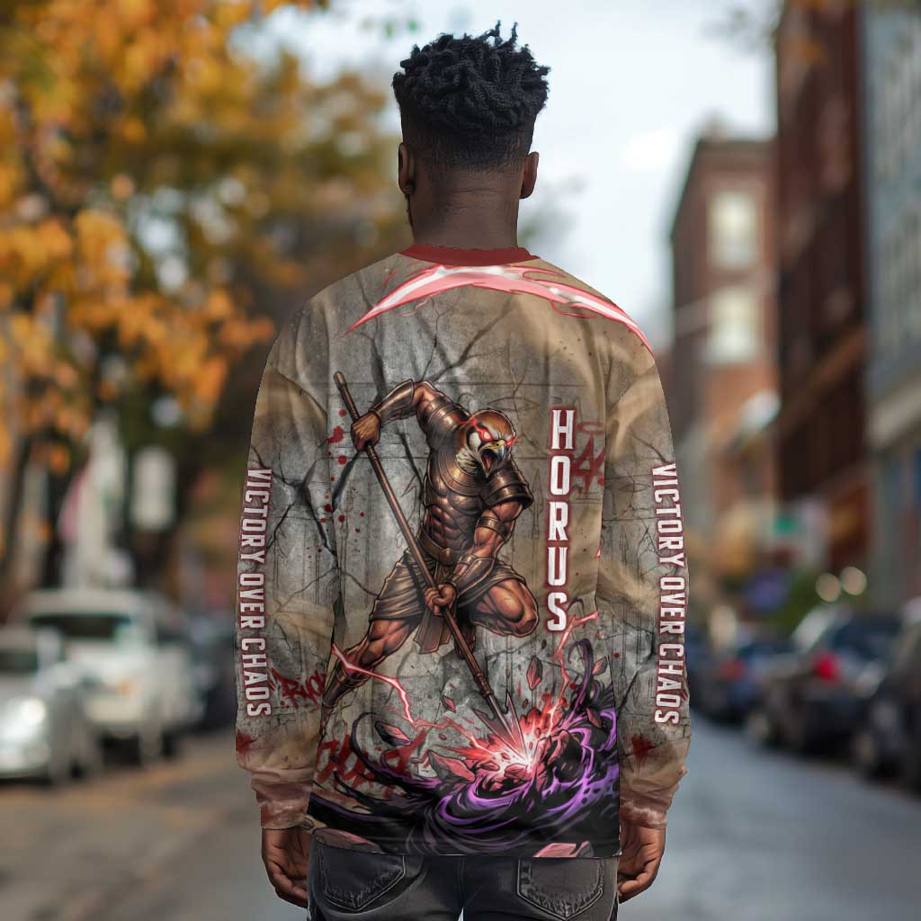 Horus Behdety Warrior Long Sleeve Shirt with Falcon Mask and Spear Ancient Egyptian Combat