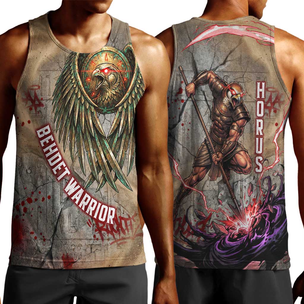 Horus Behdety Warrior Men Tank Top with Falcon Mask and Spear Ancient Egyptian Combat