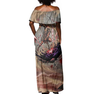 Horus Behdety Warrior Off Shoulder Maxi Dress with Falcon Mask and Spear Ancient Egyptian Combat