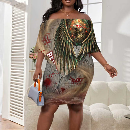 Horus Behdety Warrior Off Shoulder Short Dress with Falcon Mask and Spear Ancient Egyptian Combat