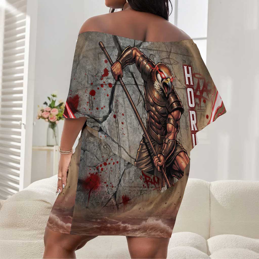 Horus Behdety Warrior Off Shoulder Short Dress with Falcon Mask and Spear Ancient Egyptian Combat