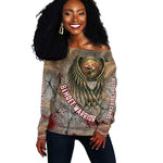 Horus Behdety Warrior Off Shoulder Sweater with Falcon Mask and Spear Ancient Egyptian Combat