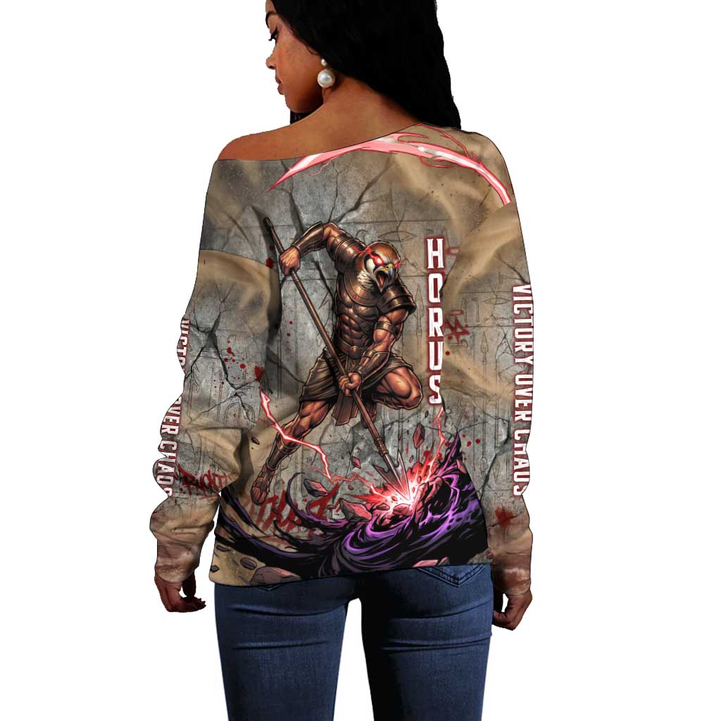 Horus Behdety Warrior Off Shoulder Sweater with Falcon Mask and Spear Ancient Egyptian Combat