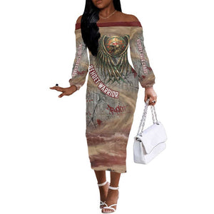 Horus Behdety Warrior Off The Shoulder Long Sleeve Dress with Falcon Mask and Spear Ancient Egyptian Combat