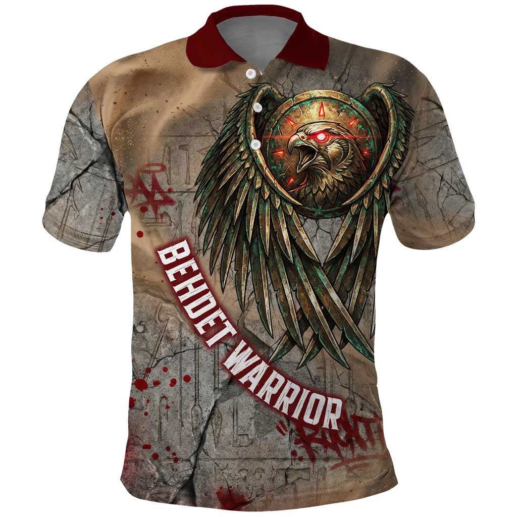 Horus Behdety Warrior Polo Shirt with Falcon Mask and Spear Ancient Egyptian Combat