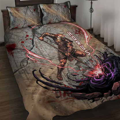 Horus Behdety Warrior Quilt Bed Set with Falcon Mask and Spear Ancient Egyptian Combat