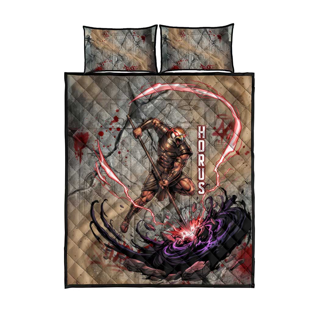 Horus Behdety Warrior Quilt Bed Set with Falcon Mask and Spear Ancient Egyptian Combat