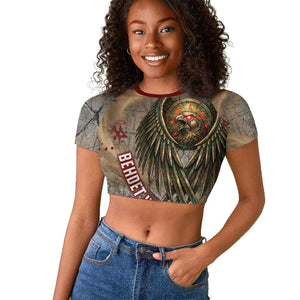 Horus Behdety Warrior Raglan Cropped T shirt with Falcon Mask and Spear Ancient Egyptian Combat