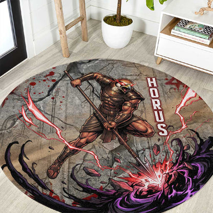 Horus Behdety Warrior Round Carpet with Falcon Mask and Spear Ancient Egyptian Combat