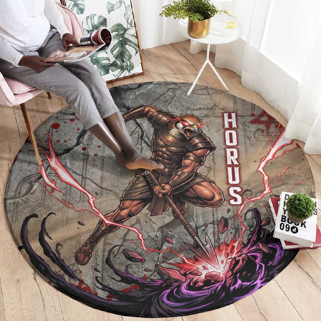 Horus Behdety Warrior Round Carpet with Falcon Mask and Spear Ancient Egyptian Combat