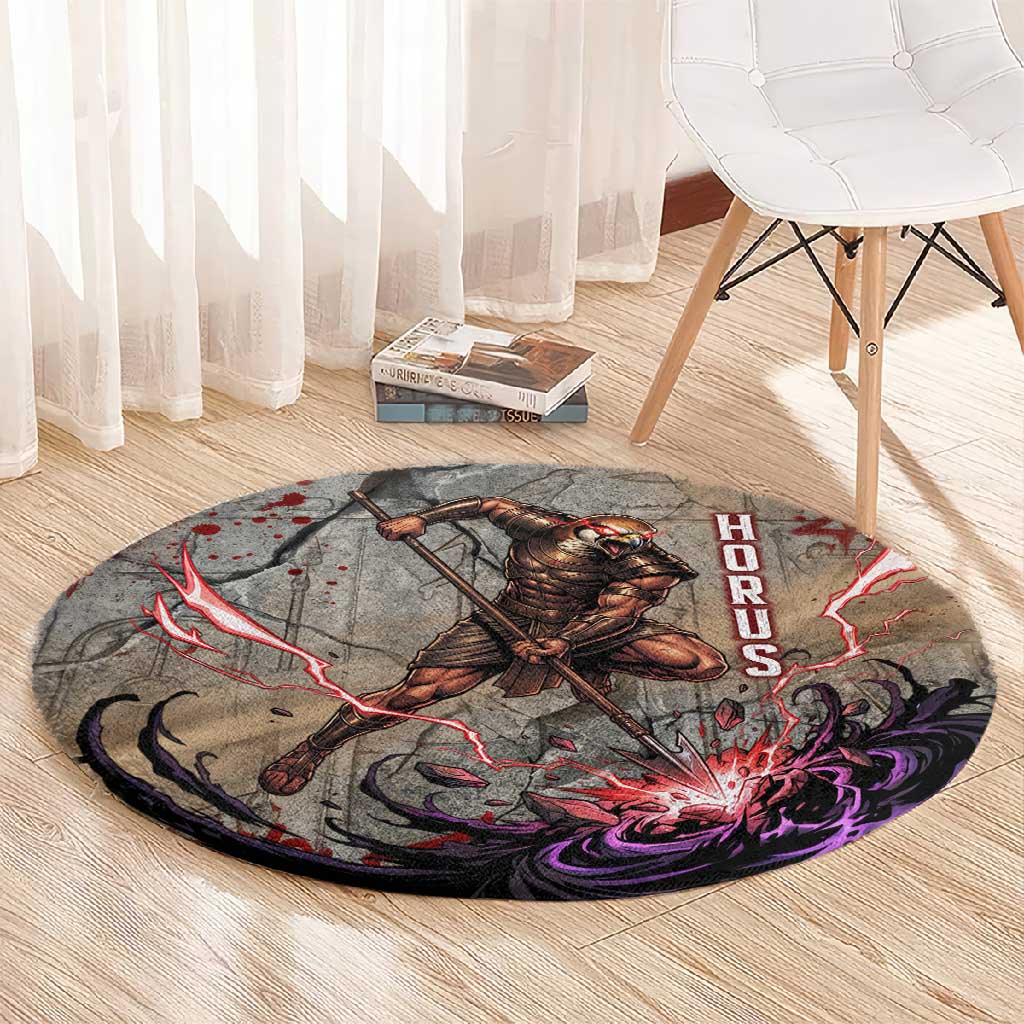Horus Behdety Warrior Round Carpet with Falcon Mask and Spear Ancient Egyptian Combat