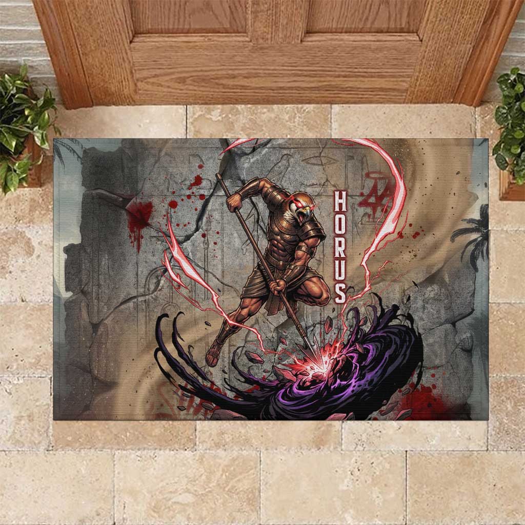 Horus Behdety Warrior Rubber Doormat with Falcon Mask and Spear Ancient Egyptian Combat