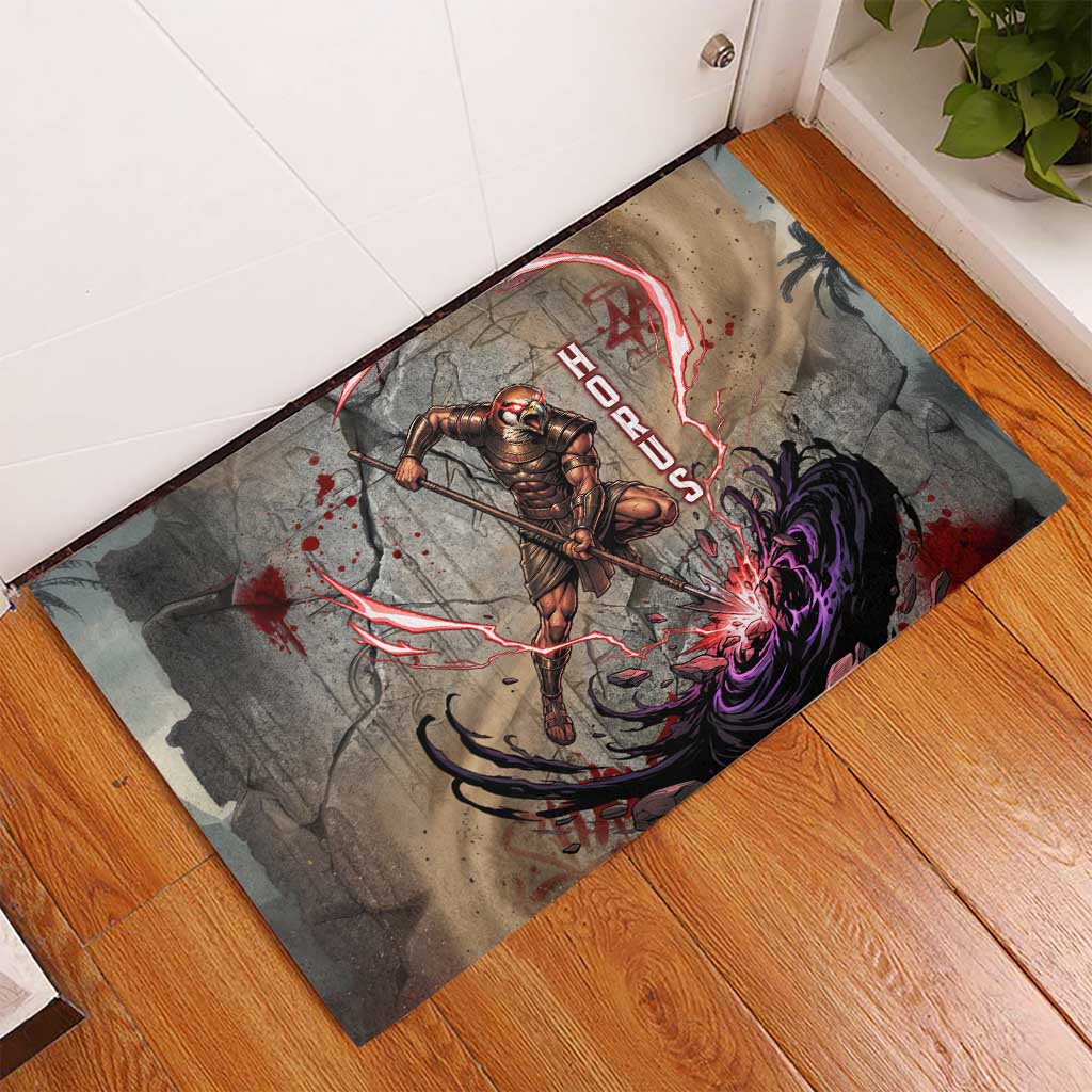 Horus Behdety Warrior Rubber Doormat with Falcon Mask and Spear Ancient Egyptian Combat