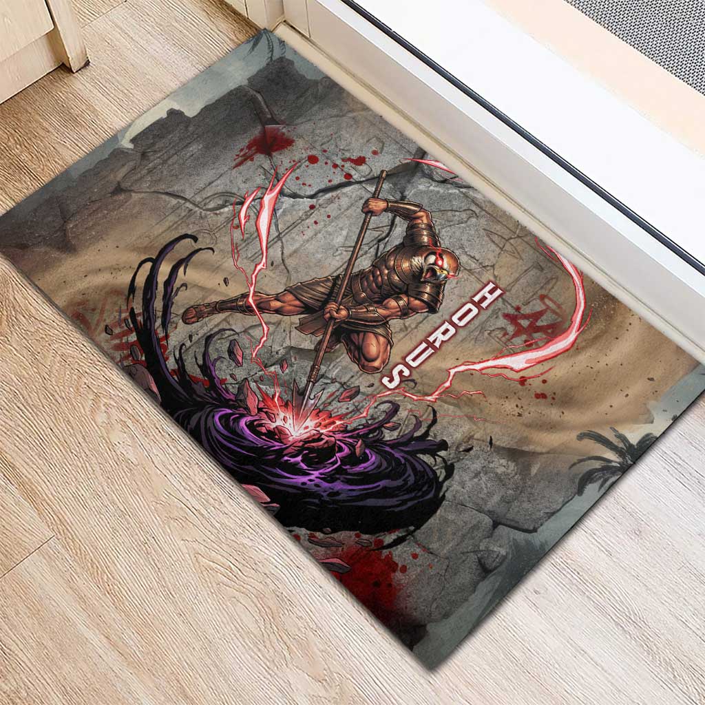Horus Behdety Warrior Rubber Doormat with Falcon Mask and Spear Ancient Egyptian Combat