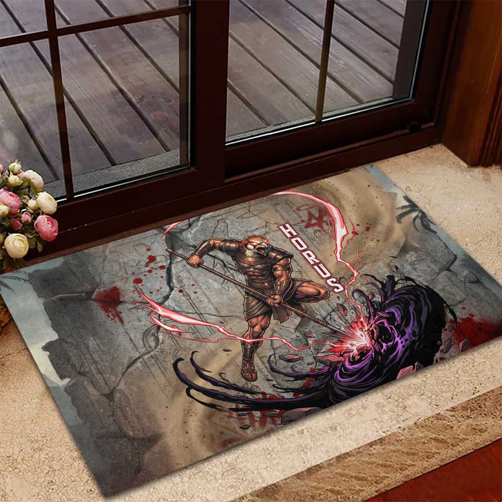 Horus Behdety Warrior Rubber Doormat with Falcon Mask and Spear Ancient Egyptian Combat