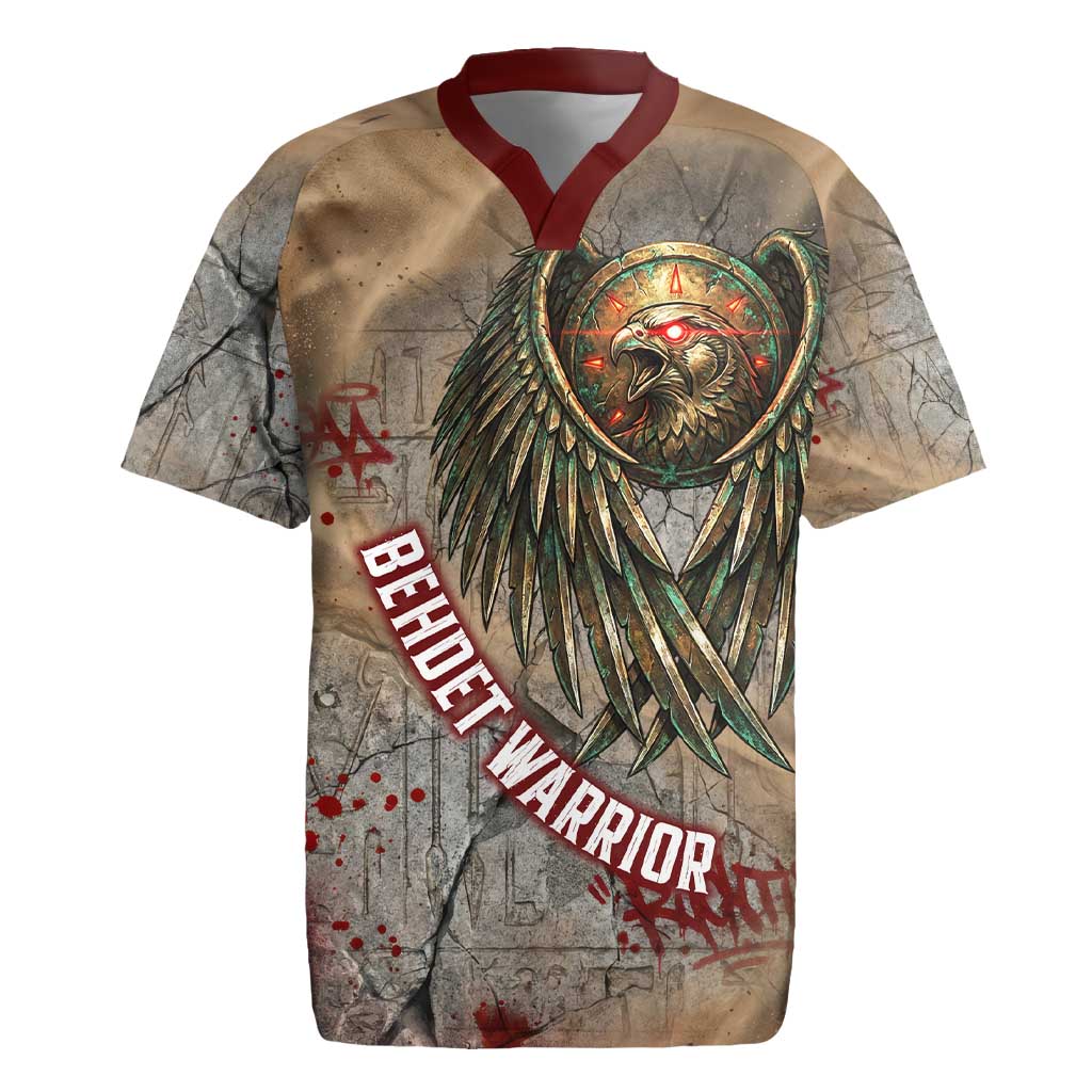Horus Behdety Warrior Rugby Jersey with Falcon Mask and Spear Ancient Egyptian Combat