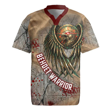 Horus Behdety Warrior Rugby Jersey with Falcon Mask and Spear Ancient Egyptian Combat