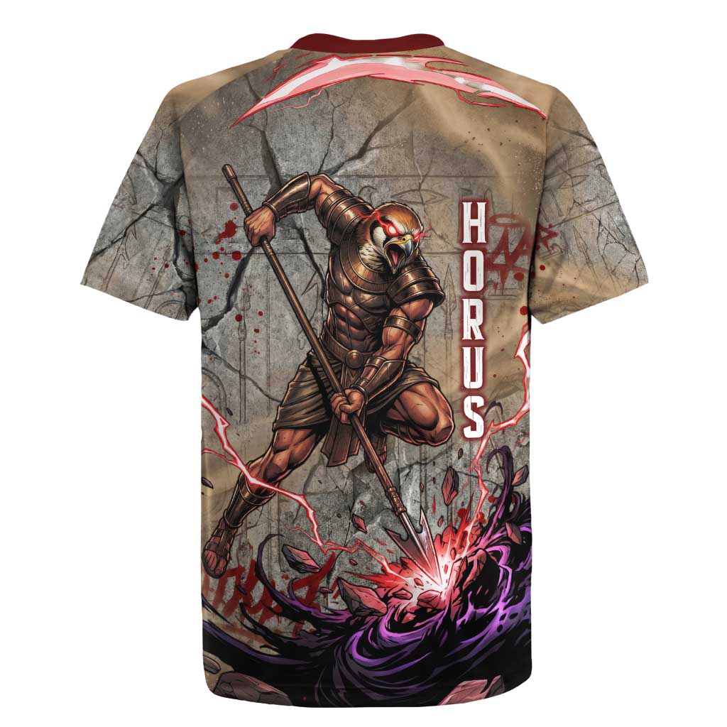 Horus Behdety Warrior Rugby Jersey with Falcon Mask and Spear Ancient Egyptian Combat